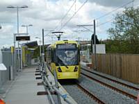 Tram 3021 stops at Freehold's outbound platform on its way to Oldham Mumps on Monday 14 May 2012.  (Photo R Clarke) 